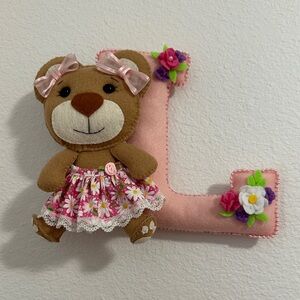 New Floral Pink and Brown Teddy Bear Letter “L” Plush with flowers